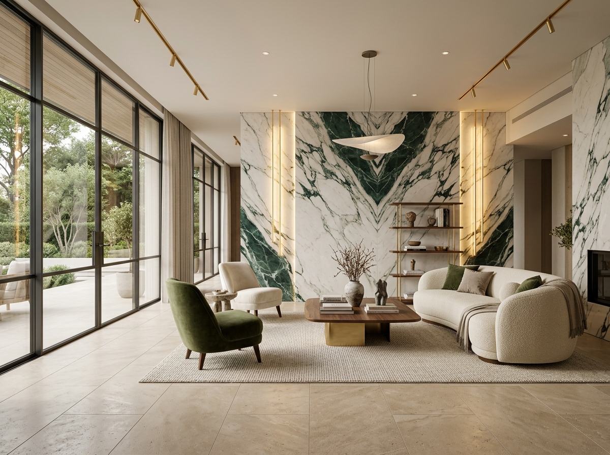 Luxury Bookmatched Emerald Marble Living Room